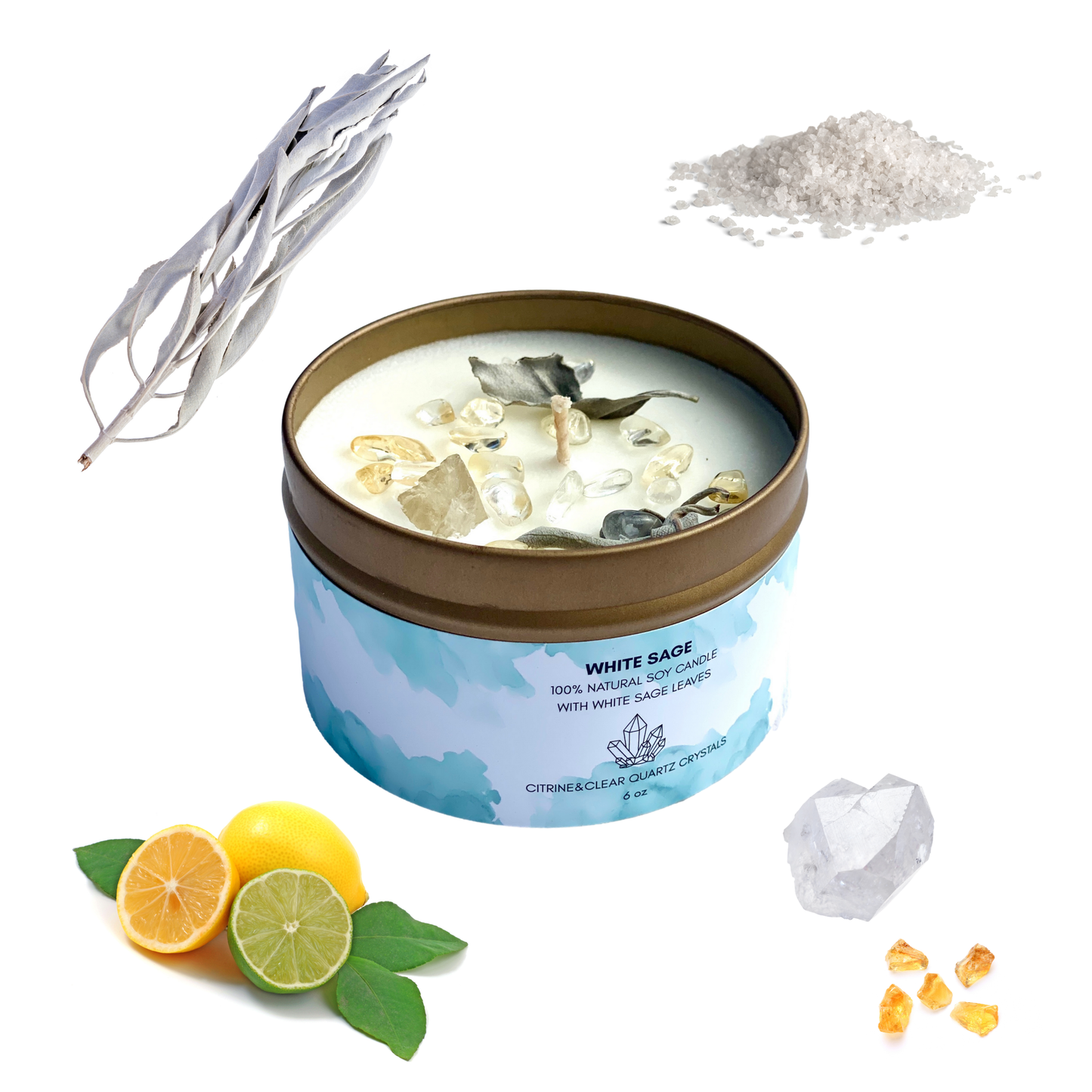 White Sage Candle with Citrine & Clear Quartz Crystals